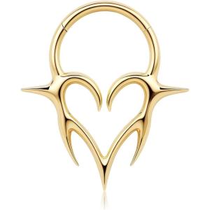 BodyBonita 16G Septum Rings Flame Heart, G23 Titanium Septum Jewelry, Nose Rings Hoops Clicker, Conch Helix Tragus Rook Daith Piercings for Women Men Silver/Gold Plated 8/10mm(Gold)