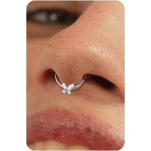 BodyBonita 16G Septum Rings Jewelry – Cubic Zirconia Luxe 316L Stainless Steel Hinged Nose Rings Hoops for Women Conch Piercing Jewelry Tragus Daith Helix Earring 14K Gold Plated/Silver 8 mm/10 mm(Fluttering Butterfly-Silver)