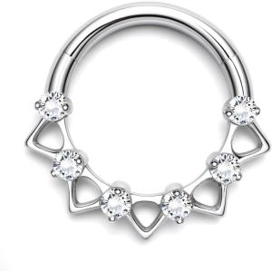 BodyBonita 16G Septum Rings Pink/Red/Green/Clear CZ, G23 Titanium Nose Ring Hoops, Septum Jewelry Clicker, Conch Helix Tragus Rook Daith Piercings for Women Men Silver/Gold 8/10 mm(Clear CZ-Silver)