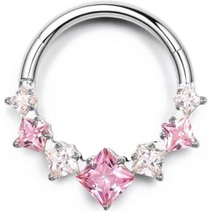 BodyBonita 16G Septum Rings Pink/Red/Green/Clear CZ, G23 Titanium Nose Ring Hoops, Septum Jewelry Clicker, Conch Helix Tragus Rook Daith Piercings for Women Men Silver/Gold 8/10 mm(Pink CZ-Silver)