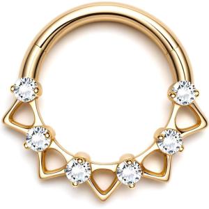 BodyBonita 16G Septum Rings Pink/Red/Green/Clear CZ, G23 Titanium Nose Ring Hoops, Septum Jewelry Clicker, Conch Helix Tragus Rook Daith Piercings for Women Men Silver/Gold 8/10 mm(Clear CZ-Gold)