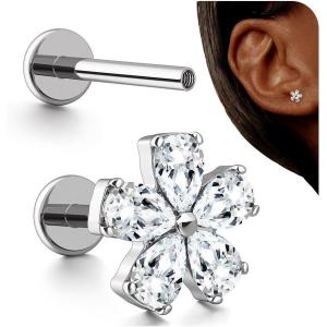 BodyBonita 16G Stud Earrings Flat Back – G23 Titanium Internal Thread Cartilage Earrings for Women Hypoallergenic CZ Stud Piercing Jewelry Tragus/Nose/Helix/Conch/Medusa/Lip/Labret 6mm 8mm(Petal Bloom-Titanium)