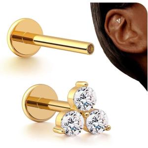 BodyBonita 16G Stud Earrings Flat Back – G23 Titanium Internal Thread Cartilage Earrings for Women Hypoallergenic CZ Stud Piercing Jewelry Tragus/Nose/Helix/Conch/Medusa/Lip/Labret 6mm 8mm(Tri-star-14K Gold)