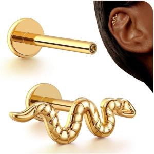 BodyBonita 16G Stud Earrings Flat Back – G23 Titanium Internal Thread Cartilage Earrings for Women Hypoallergenic CZ Stud Piercing Jewelry Tragus/Nose/Helix/Conch/Medusa/Lip/Labret 6mm 8mm(Serpent’s Charm-14K Gold)