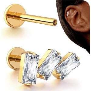 BodyBonita 16G Stud Earrings Flat Back – G23 Titanium Internal Thread Cartilage Earrings for Women Hypoallergenic CZ Stud Piercing Jewelry Tragus/Nose/Helix/Conch/Medusa/Lip/Labret 6mm 8mm(Trinity Sparkle-14K Gold)