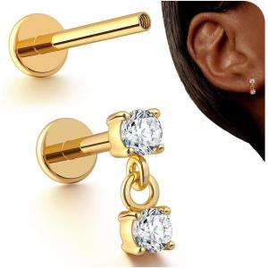 BodyBonita 16G Stud Earrings Flat Back – G23 Titanium Internal Thread Cartilage Earrings for Women Hypoallergenic CZ Stud Piercing Jewelry Tragus/Nose/Helix/Conch/Medusa/Lip/Labret 6mm 8mm(Dangle CZ-14K Gold)