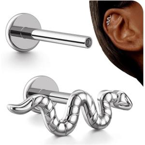BodyBonita 16G Stud Earrings Flat Back – G23 Titanium Internal Thread Cartilage Earrings for Women Hypoallergenic CZ Stud Piercing Jewelry Tragus/Nose/Helix/Conch/Medusa/Lip/Labret 6mm 8mm(Serpent’s Charm-Titanium)