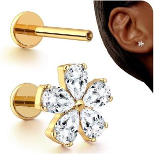 BodyBonita 16G Stud Earrings Flat Back – G23 Titanium Internal Thread Cartilage Earrings for Women Hypoallergenic CZ Stud Piercing Jewelry Tragus/Nose/Helix/Conch/Medusa/Lip/Labret 6mm 8mm(Petal Bloom-14K Gold)