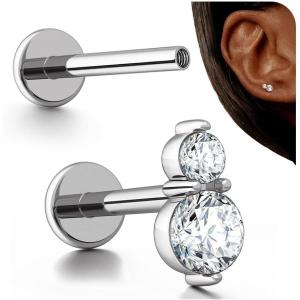 BodyBonita 16G Stud Earrings Flat Back – G23 Titanium Internal Thread Cartilage Earrings for Women Hypoallergenic CZ Stud Piercing Jewelry Tragus/Nose/Helix/Conch/Medusa/Lip/Labret 6mm 8mm(Deux-Titanium)