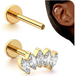 BodyBonita 16G Stud Earrings Flat Back – G23 Titanium Internal Thread Cartilage Earrings for Women Hypoallergenic CZ Stud Piercing Jewelry Tragus/Nose/Helix/Conch/Medusa/Lip/Labret 6mm 8mm(Marquise Flow-14K Gold)