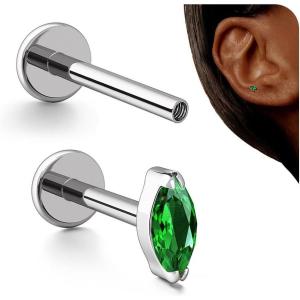 BodyBonita 16G Stud Earrings Flat Back – G23 Titanium Internal Thread Cartilage Earrings for Women Hypoallergenic CZ Stud Piercing Jewelry Tragus/Nose/Helix/Conch/Medusa/Lip/Labret 6mm 8mm(Emerald-Titanium)