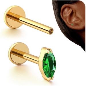 BodyBonita 16G Stud Earrings Flat Back – G23 Titanium Internal Thread Cartilage Earrings for Women Hypoallergenic CZ Stud Piercing Jewelry Tragus/Nose/Helix/Conch/Medusa/Lip/Labret 6mm 8mm(Emerald-14K Gold)