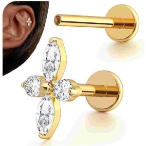 BodyBonita 16G Stud Earrings Flat Back – G23 Titanium Internal Thread Cartilage Earrings for Women Hypoallergenic CZ Stud Piercing Jewelry Tragus/Nose/Helix/Conch/Medusa/Lip/Labret 6mm 8mm(Floral Sparkle-14K Gold)