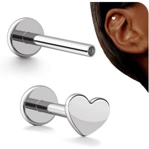 BodyBonita 16G Stud Earrings Flat Back – G23 Titanium Internal Thread Cartilage Earrings for Women Hypoallergenic CZ Stud Piercing Jewelry Tragus/Nose/Helix/Conch/Medusa/Lip/Labret 6mm 8mm(Heart-Titanium)