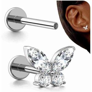 BodyBonita 16G Stud Earrings Flat Back – G23 Titanium Internal Thread Cartilage Earrings for Women Hypoallergenic CZ Stud Piercing Jewelry Tragus/Nose/Helix/Conch/Medusa/Lip/Labret 6mm 8mm(Butterfly CZ-Titanium)