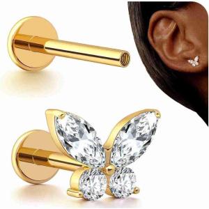 BodyBonita 16G Stud Earrings Flat Back – G23 Titanium Internal Thread Cartilage Earrings for Women Hypoallergenic CZ Stud Piercing Jewelry Tragus/Nose/Helix/Conch/Medusa/Lip/Labret 6mm 8mm(Butterfly CZ-14K Gold)