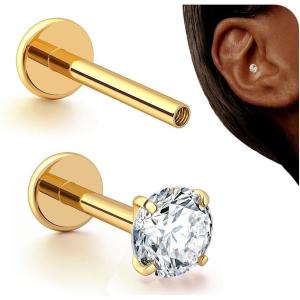 BodyBonita 16G Stud Earrings Flat Back – G23 Titanium Internal Thread Cartilage Earrings for Women Hypoallergenic CZ Stud Piercing Jewelry Tragus/Nose/Helix/Conch/Medusa/Lip/Labret 6mm 8mm(Clear CZ-14K Gold)