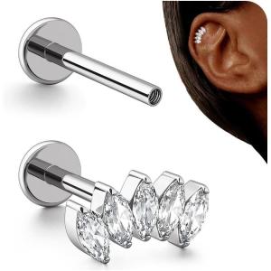 BodyBonita 16G Stud Earrings Flat Back – G23 Titanium Internal Thread Cartilage Earrings for Women Hypoallergenic CZ Stud Piercing Jewelry Tragus/Nose/Helix/Conch/Medusa/Lip/Labret 6mm 8mm(Marquise Flow-Titanium)