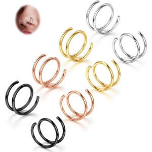 BodyBonita 2-8Pcs Softened 316L Stainless Steel Double Hoop Nose Ring for Single Piercing 22G 20G 18G Bendable Twist Spiral Nose Rings Hoops for Women 8mm 10 mm(4 pairs-Mixed)