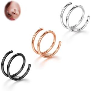 BodyBonita 2-8Pcs Softened 316L Stainless Steel Double Hoop Nose Ring for Single Piercing 22G 20G 18G Bendable Twist Spiral Nose Rings Hoops for Women 8mm 10 mm(3 pcs-Mixed-LeftTwist)