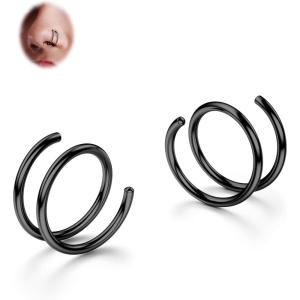BodyBonita 2-8Pcs Softened 316L Stainless Steel Double Hoop Nose Ring for Single Piercing 22G 20G 18G Bendable Twist Spiral Nose Rings Hoops for Women 8mm 10 mm(1 pair-Black)