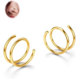 BodyBonita 2-8Pcs Softened 316L Stainless Steel Double Hoop Nose Ring for Single Piercing 22G 20G 18G Bendable Twist Spiral Nose Rings Hoops for Women 8mm 10 mm(1 pair-Gold)