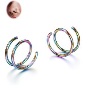 BodyBonita 2-8Pcs Softened 316L Stainless Steel Double Hoop Nose Ring for Single Piercing 22G 20G 18G Bendable Twist Spiral Nose Rings Hoops for Women 8mm 10 mm(1 pair-Rainbow)