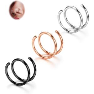 BodyBonita 2-8Pcs Softened 316L Stainless Steel Double Hoop Nose Ring for Single Piercing 22G 20G 18G Bendable Twist Spiral Nose Rings Hoops for Women 8mm 10 mm(3 pcs-Mixed-RightTwist)