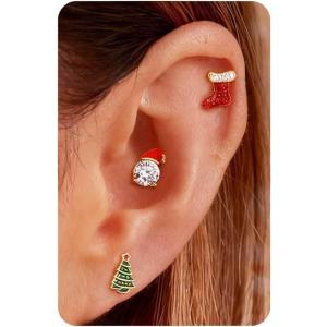 BodyBonita 3Pcs 16G 316 Surgical Steel Christmas Cartilage Earring CZ Tragus Piercing Jewelry Helix Studs Conch Piercing Jewelry Stud Earring for Women Men(Style2-Gold)