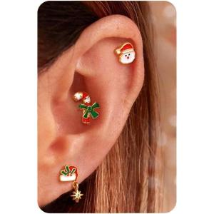 BodyBonita 3Pcs 16G 316 Surgical Steel Christmas Cartilage Earring CZ Tragus Piercing Jewelry Helix Studs Conch Piercing Jewelry Stud Earring for Women Men(Style1-Gold)