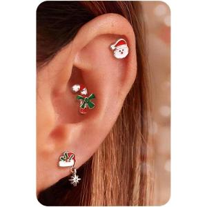 BodyBonita 3Pcs 16G 316 Surgical Steel Christmas Cartilage Earring CZ Tragus Piercing Jewelry Helix Studs Conch Piercing Jewelry Stud Earring for Women Men(Style1-Silver)