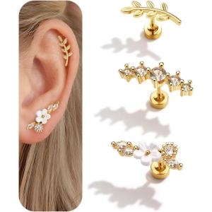 BodyBonita 3Pcs 16G Cartilage Earrings for Women, 316L Surgical Steel Flat Back Earrings Piercings, Opal CZ Stud Earrings Set, Lobe Conch Helix Daith Tragus Jewelry Gold Plated/Silver(Gold  Flower&CZ)