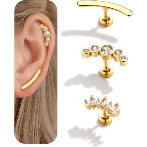 BodyBonita 3Pcs 16G Cartilage Earrings for Women, 316L Surgical Steel Flat Back Earrings Piercings, Opal CZ Stud Earrings Set, Lobe Conch Helix Daith Tragus Jewelry Gold Plated/Silver(Gold  Ball CZ)