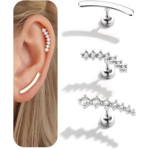 BodyBonita 3Pcs 16G Cartilage Earrings for Women, 316L Surgical Steel Flat Back Earrings Piercings, Opal CZ Stud Earrings Set, Lobe Conch Helix Daith Tragus Jewelry Gold Plated/Silver(Silver  CZ)