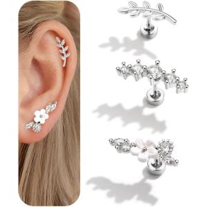 BodyBonita 3Pcs 16G Cartilage Earrings for Women, 316L Surgical Steel Flat Back Earrings Piercings, Opal CZ Stud Earrings Set, Lobe Conch Helix Daith Tragus Jewelry Gold Plated/Silver(Silver  Flower&CZ)