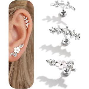 BodyBonita 3Pcs 16G Flat Back Earrings Piercings – 316L Surgical Steel Cartilage Earrings for Women CZ Stud Earrings Set Lobe Conch Helix Daith Tragus Jewelry Silver Flower