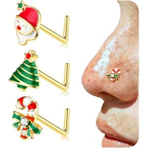 BodyBonita 3pcs 20G Nose Studs 316 Stainless Steel Christmas Nose Rings Studs L-Shaped Nose Piercings Bone Nose Stud CZ Nostril Daith Tragus Piercing Jewelry for Women Men(Style3-20G-Gold)