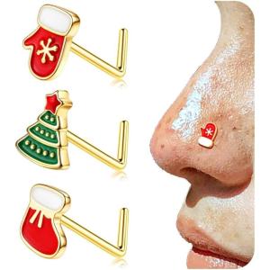 BodyBonita 3pcs 20G Nose Studs 316 Stainless Steel Christmas Nose Rings Studs L-Shaped Nose Piercings Bone Nose Stud CZ Nostril Daith Tragus Piercing Jewelry for Women Men(Style5-20G-Gold)