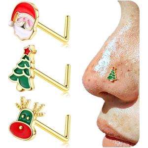 BodyBonita 3pcs 20G Nose Studs 316 Stainless Steel Christmas Nose Rings Studs L-Shaped Nose Piercings Bone Nose Stud CZ Nostril Daith Tragus Piercing Jewelry for Women Men(Style4-20G-Gold)
