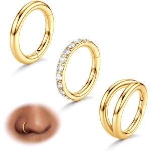 BodyBonita 3pcs Nose Rings Hoops – Double Hoop Nose Ring 14/16/18/20G Hinged CZ Piercing Jewelry Septum Clicker Rings Cartilage Earring Helix Rook Tragus Daith 7mm/8mm/9mm/10mm(14K Gold Plated)
