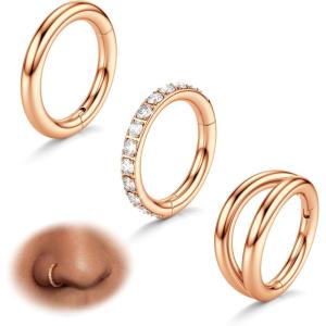 BodyBonita 3pcs Nose Rings Hoops – Double Hoop Nose Ring 14/16/18/20G Hinged CZ Piercing Jewelry Septum Clicker Rings Cartilage Earring Helix Rook Tragus Daith 7mm/8mm/9mm/10mm(Rose Gold Plated)