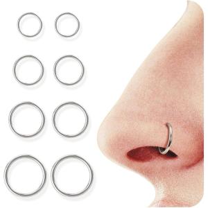 BodyBonita 4/5/8 pcs 16G/18G/20G 316L Surgical Steel Hinged Nose Rings Hoops Lip Septum Rings Helix Conch Rook Cartilage Tragus Earrings Piercing Jewelry Black Silver Gold Plated Nose Rings Women Men(Silver – 18G (6mm-12mm) – 8PCs)
