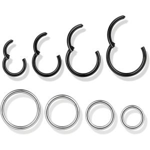 BodyBonita 4/5/8 pcs 16G/18G/20G 316L Surgical Steel Hinged Nose Rings Hoops Lip Septum Rings Helix Conch Rook Cartilage Tragus Earrings Piercing Jewelry Black Silver Gold Plated Nose Rings Women Men(Black and Silver – 16G (6mm-12mm) – 8PCs)