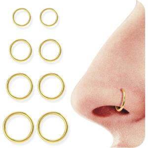 BodyBonita 4/5/8 pcs 16G/18G/20G 316L Surgical Steel Hinged Nose Rings Hoops Lip Septum Rings Helix Conch Rook Cartilage Tragus Earrings Piercing Jewelry Black Silver Gold Plated Nose Rings Women Men(Gold – 16G (6mm-12mm) – 8PCs)