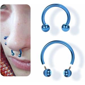 BodyBonita Anodized G23 Titanium Horseshoe Nose Ring Hoops for Women, 16G Septum Rings Circular Barbell, Conch Helix Daith Tragus Cartilage Lip Eyebrow Piercing Jewelry 8/10mm 2Pcs(Blue  Hand-Anodized)