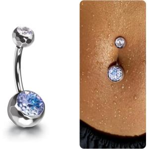 BodyBonita Color-Shifting Zircon Belly Button Ring 14G, G23 Titanium Internally Threaded Belly Button Piercing, Curved Barbell Belly Rings, Navel Rings for Women with 10/12/14/16mm Bar, Silver(Gradient Blue&Purple CZ)