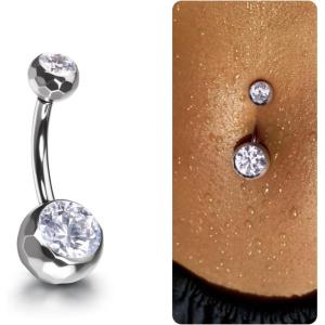 BodyBonita Color-Shifting Zircon Belly Button Ring 14G, G23 Titanium Internally Threaded Belly Button Piercing, Curved Barbell Belly Rings, Navel Rings for Women with 10/12/14/16mm Bar, Silver(White CZ)