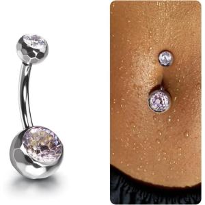 BodyBonita Color-Shifting Zircon Belly Button Ring 14G, G23 Titanium Internally Threaded Belly Button Piercing, Curved Barbell Belly Rings, Navel Rings for Women with 10/12/14/16mm Bar, Silver(Gradient Pink CZ)