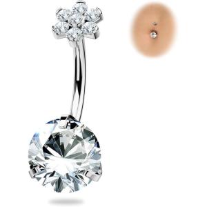 BodyBonita G23 Titanium Belly Button Rings – 14G Internally Threaded 14mm Belly Ring Round Square Star Teardrop CZ Navel Rings for Women(Flower)
