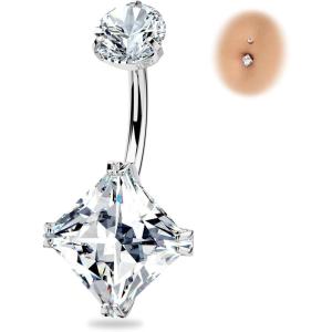 BodyBonita G23 Titanium Belly Button Rings – 14G Internally Threaded 14mm Belly Ring Round Square Star Teardrop CZ Navel Rings for Women(Rhomboid)